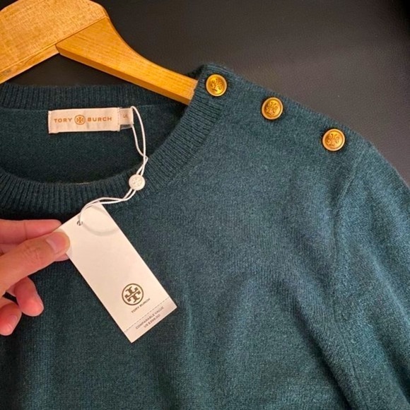 TORY BURCH SHOULDER PLACKET SWEATER JITNEY GREEN SIZE L - Picture 2 of 5